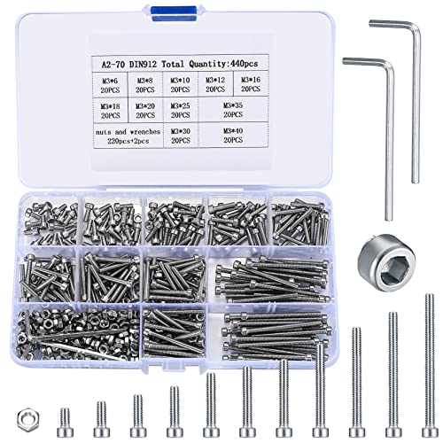 Meilleur Guide d’Achat 440 Pièces M3 Jeu de Vis et écrous, Vis Boulon et écrous à Tête Hexagonale Acier Inoxydable, Vis Six Pans Creux, Boulons avec Tete Cylindrique Assortiment