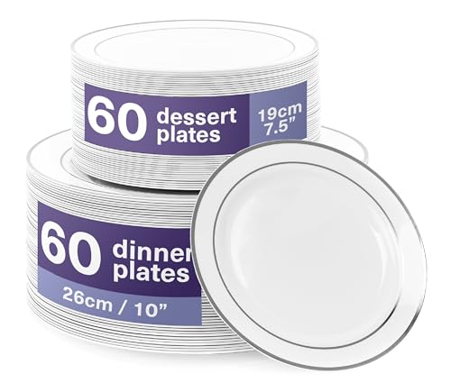 MATANA 120 Assiettes en Plastique Réutilisables Blanches Premium avec Bordure Argentée (60 Plates, 60 Dessert) – Solide & Incassable : Le Meilleur Achat pour Mariages Anniversaires Fêtes 2023