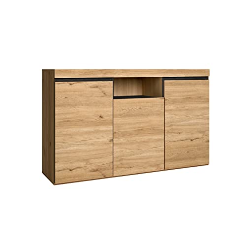 Test Skraut Home | Buffet | Modèle Naturale | 140 x 40 x 81 cm | Meuble d’Entrée à 3 Portes | Style Nordique | Mélamine | Finition Couleur Chêne/Noir