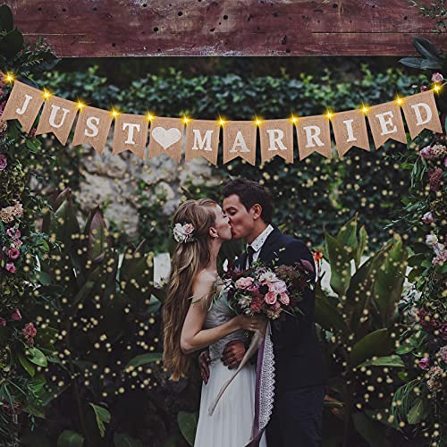Meilleurs Avis Ulikey Bannière Just Married, Banderole Mariage Décoration Guirlande Avec LED Guirlande Lumineuse Fée 3 Mode Scintillement, Bannière Vintage lin Just Married pour Décoration de Mariage Parti (2) : Guide D’achat & Test