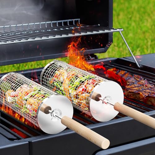 Ivtivfu Ensemble de paniers de grillage enroulable emboîtables avec poignée en bois (2 pièces, 24cm × 10cm), panier de grillage enroulable : Guide d’Achat Essential pour Accessoires de BBQ Exterieur